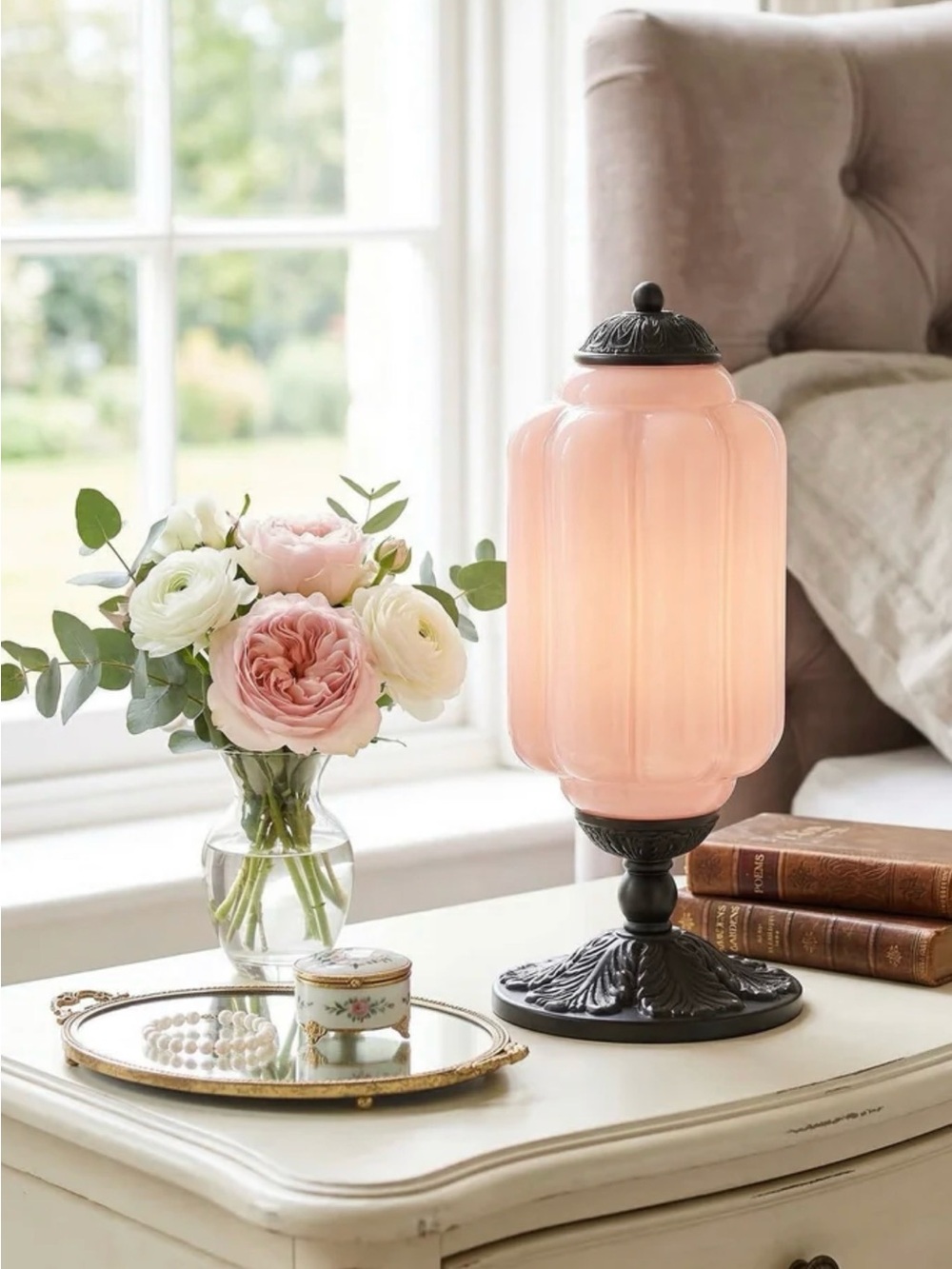 NEW Anthropologie The Eloise Scallop Milk Glass Table Lamp, Pink & Antique Black